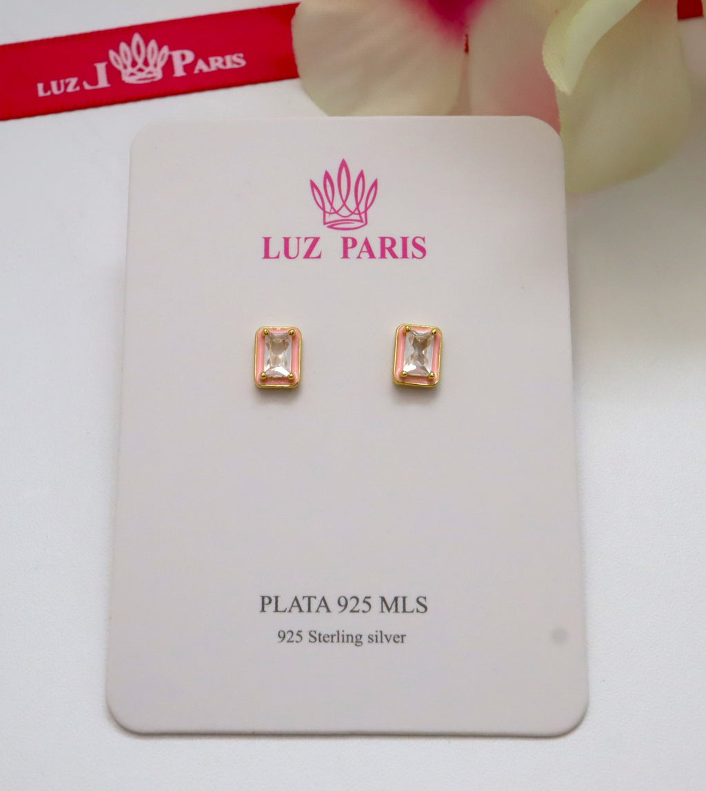 Pendientes Plata 925mls baño Oro 18 kilates Circonita blanca borde lacado rosa