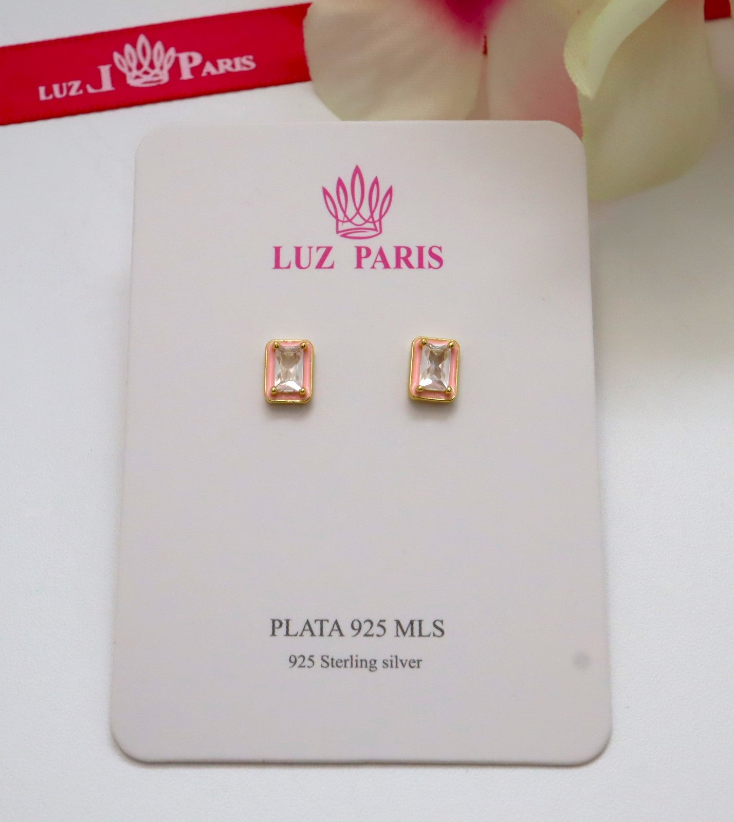 Pendientes Plata 925mls baño Oro 18 kilates Circonita blanca borde lacado rosa