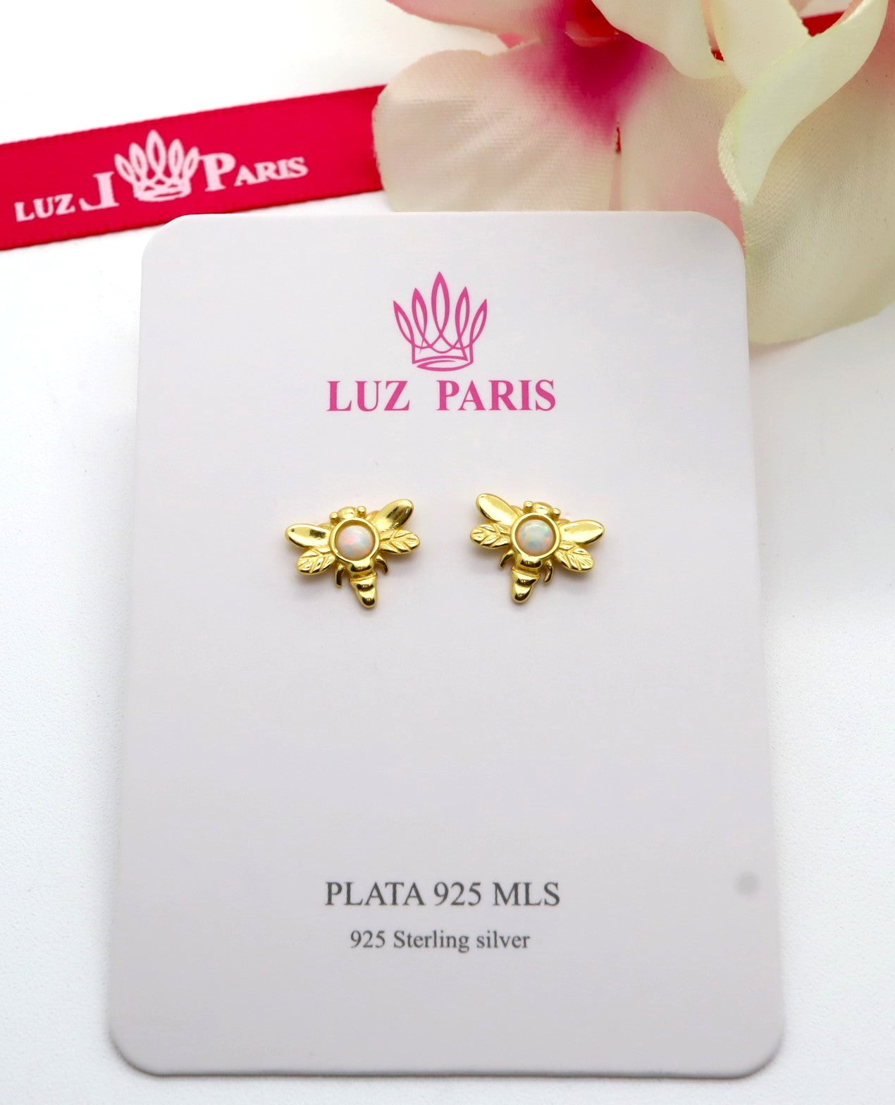 Pendientes Plata 925mls baño Oro 18 Kilates Libélula ópalo lab.