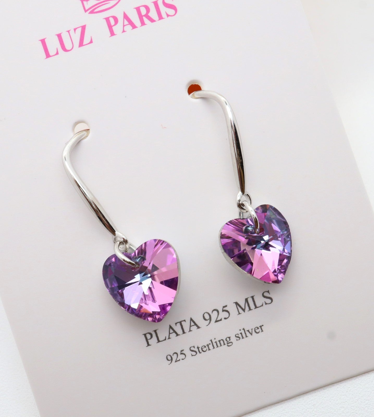 Pendientes Plata 925mls Corazón colgante color amatista