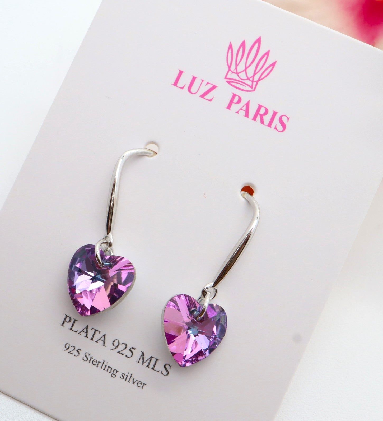 Pendientes Plata 925mls Corazón colgante color amatista