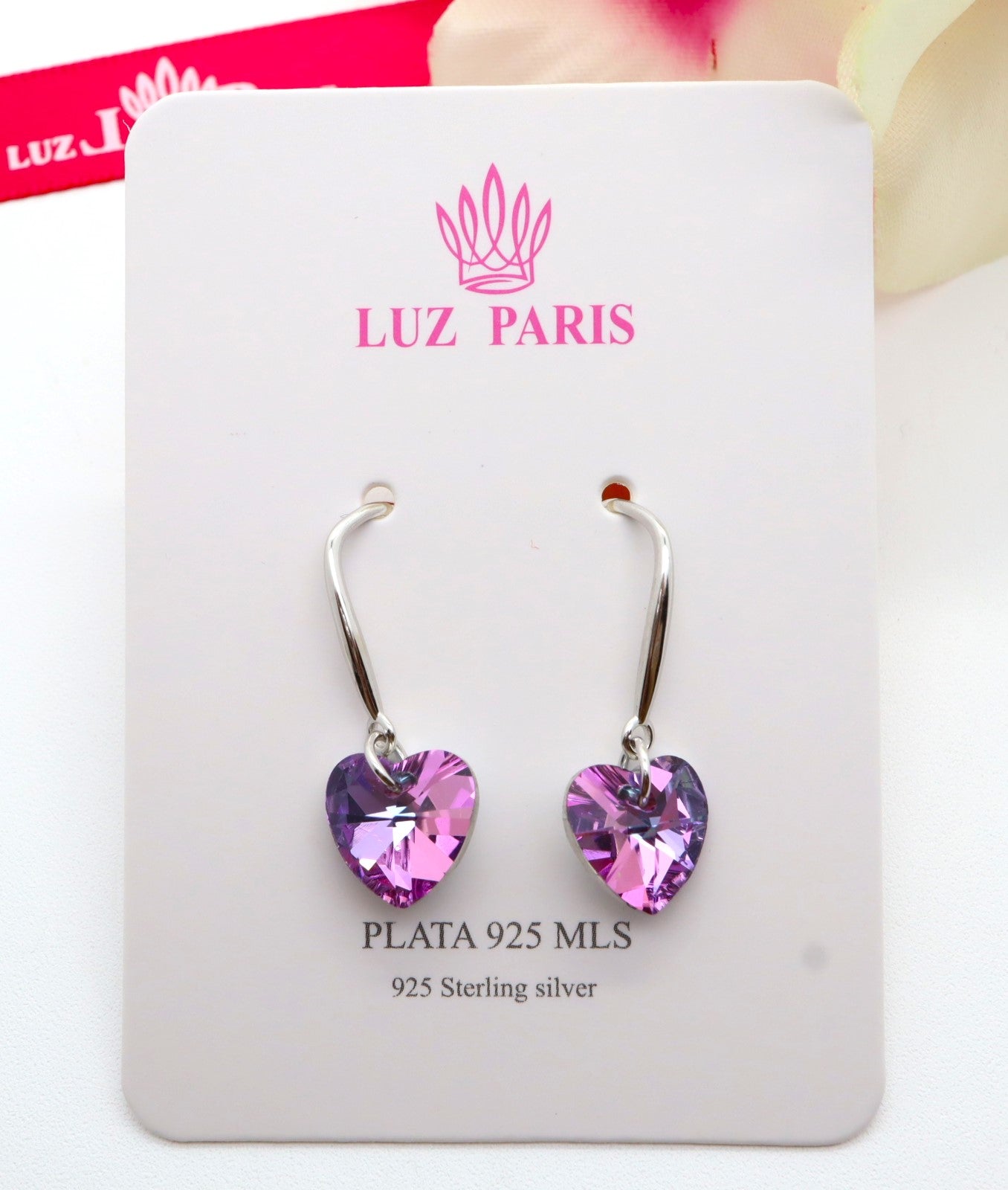Pendientes Plata 925mls Corazón colgante color amatista