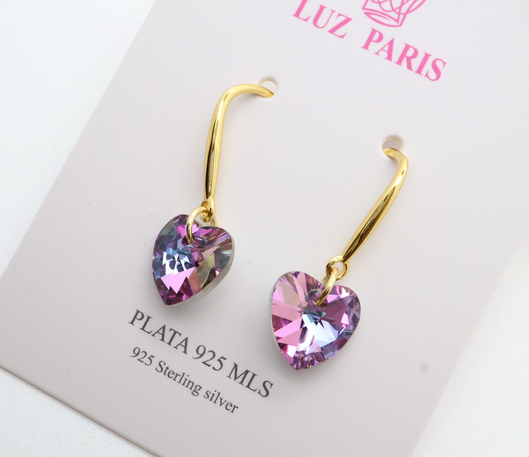 Pendientes Plata 925mls baño Oro 18 Kilates  Corazón colgante color amatista