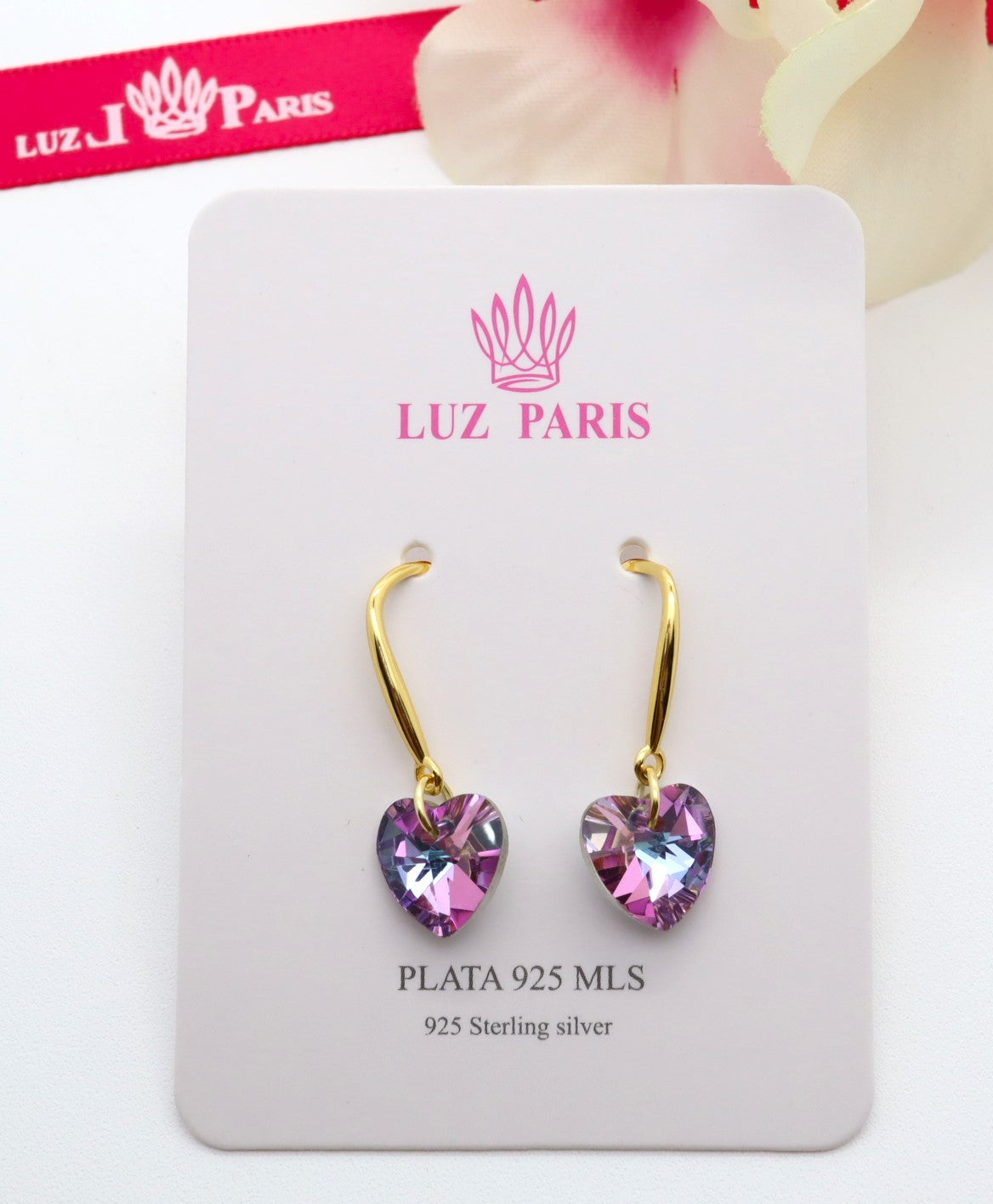 Pendientes Plata 925mls baño Oro 18 Kilates  Corazón colgante color amatista