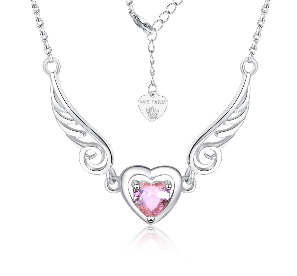 Collar Plata 925mls Corazón con Circonita Rosa y Dos Alas | Elegancia Romántica y Protección