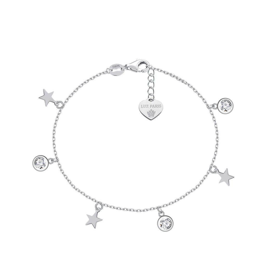 Pulsera Plata 925 Tres Estrellas y Circonitas Blancas | Joyería Fina Mujer | Regalo Elegante | Pulsera Ajustable Hecha a Mano