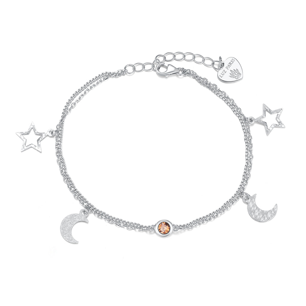 Pulsera Plata 925mls con Circonita Roja, Dos Lunas y Dos Estrellas | Magia, Brillo y Estilo Único