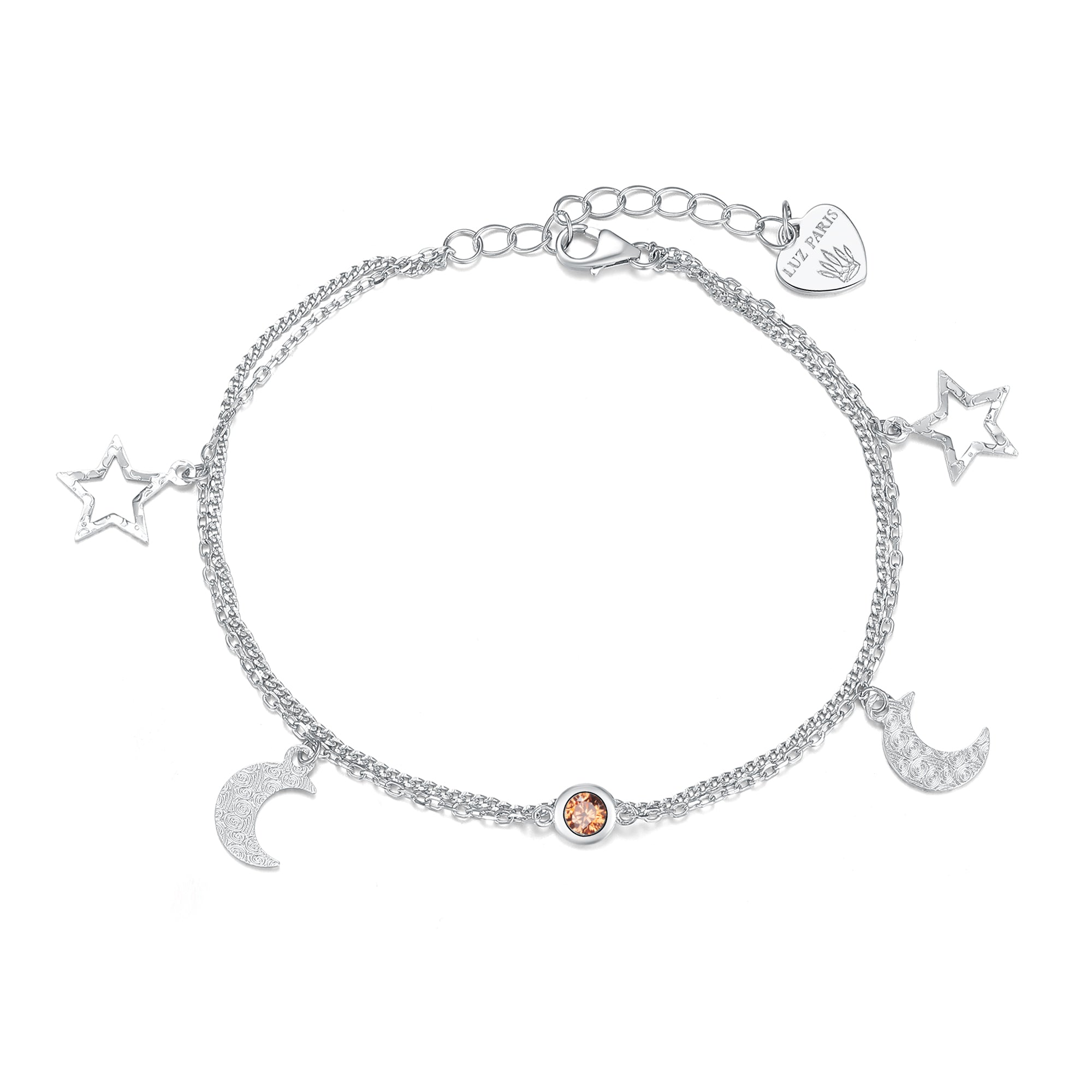 Pulsera Plata 925mls con Circonita Roja, Dos Lunas y Dos Estrellas | Magia, Brillo y Estilo Único