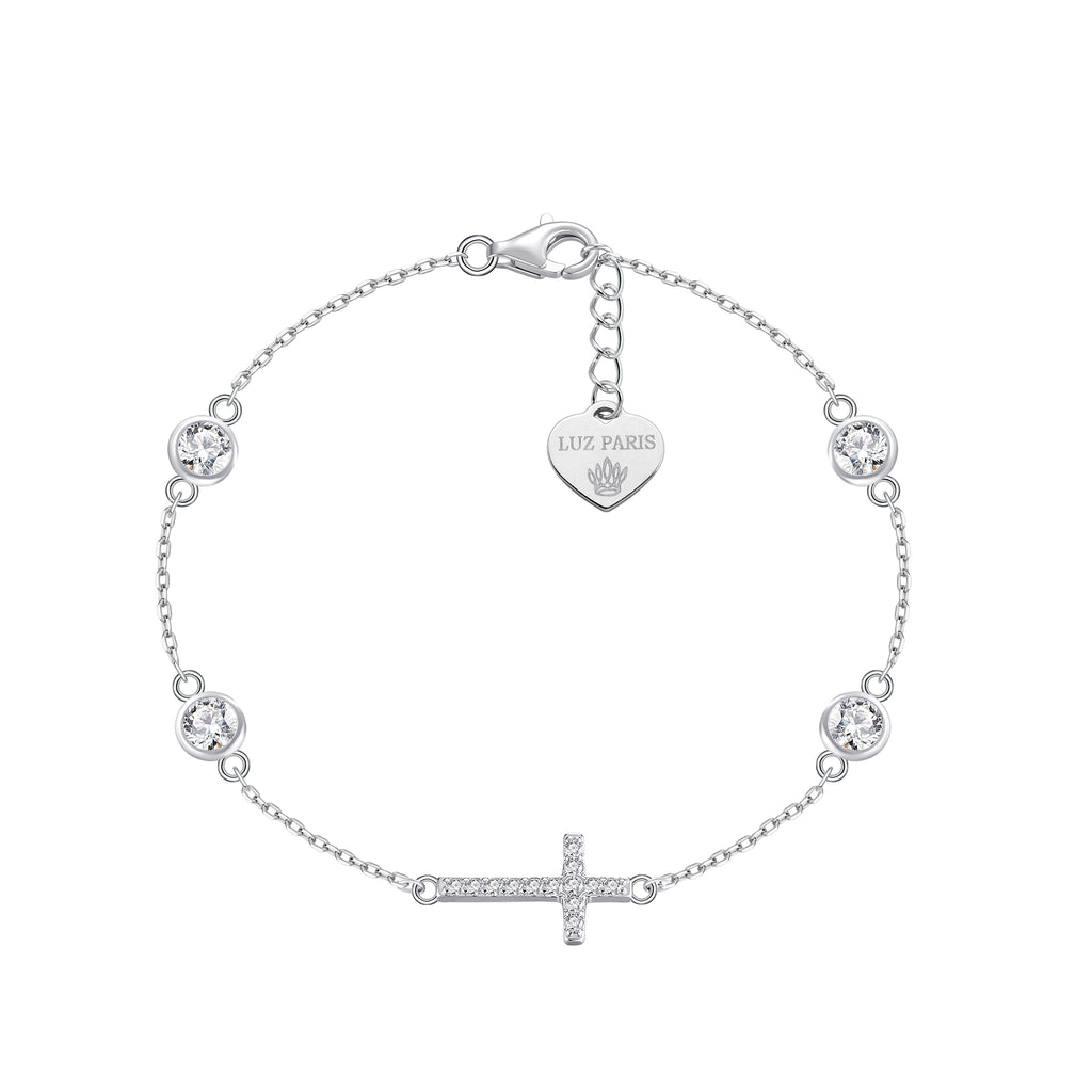 Pulsera Plata 925 Cruz Horizontal con Circonitas Blancas | Joyería de Fe y Estilo | Regalo Mujer | Pulsera Ajustable Hecha a Mano