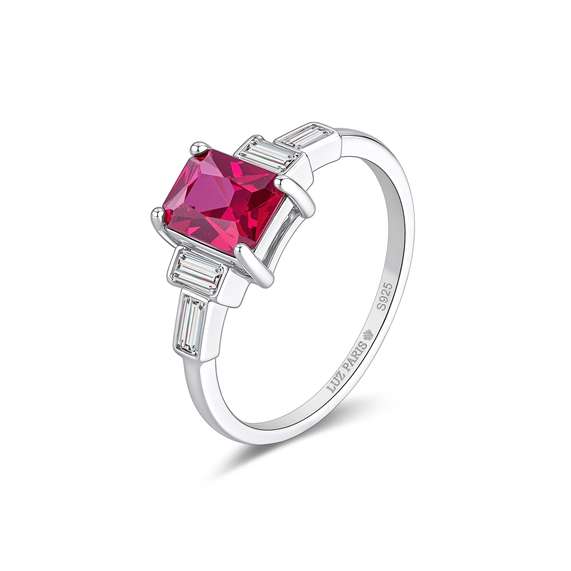 Anillo Plata 925 con Circonita Roja Rubí y 4 Circonitas Blancas | Corte Princesa | Disponible en 6 Tallas | Regalo Elegante para Mujer