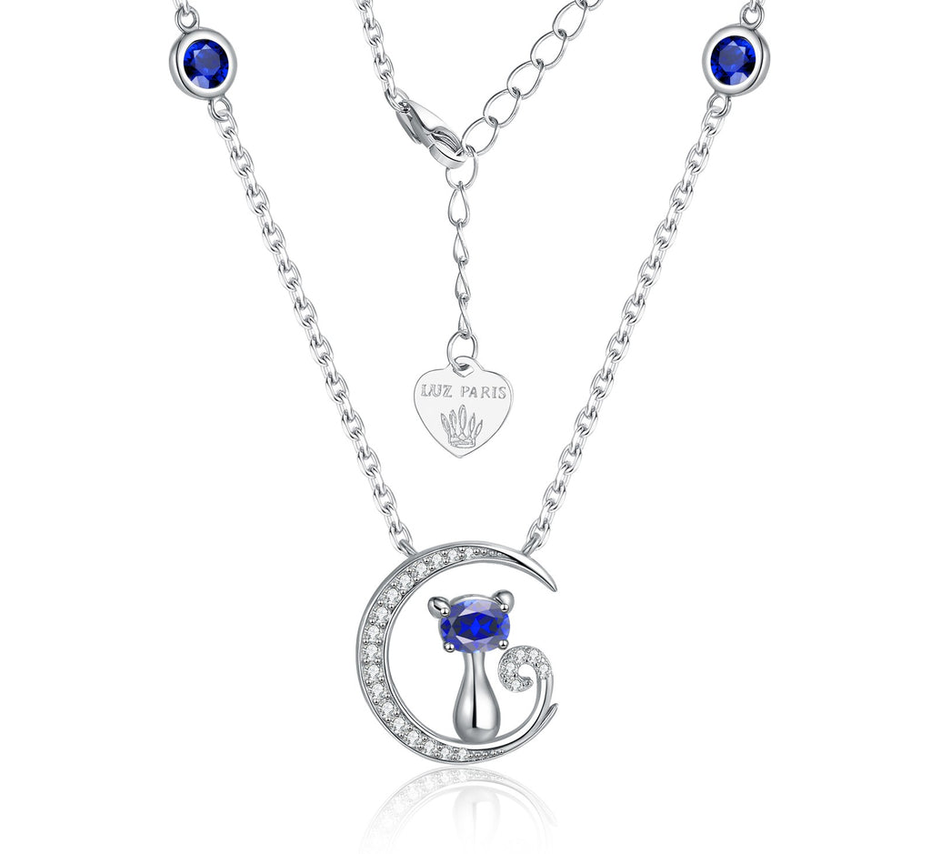 Collar Plata 925mls Gato y Luna con Circonitas Azules y Blancas | Joya Mágica y Brillante