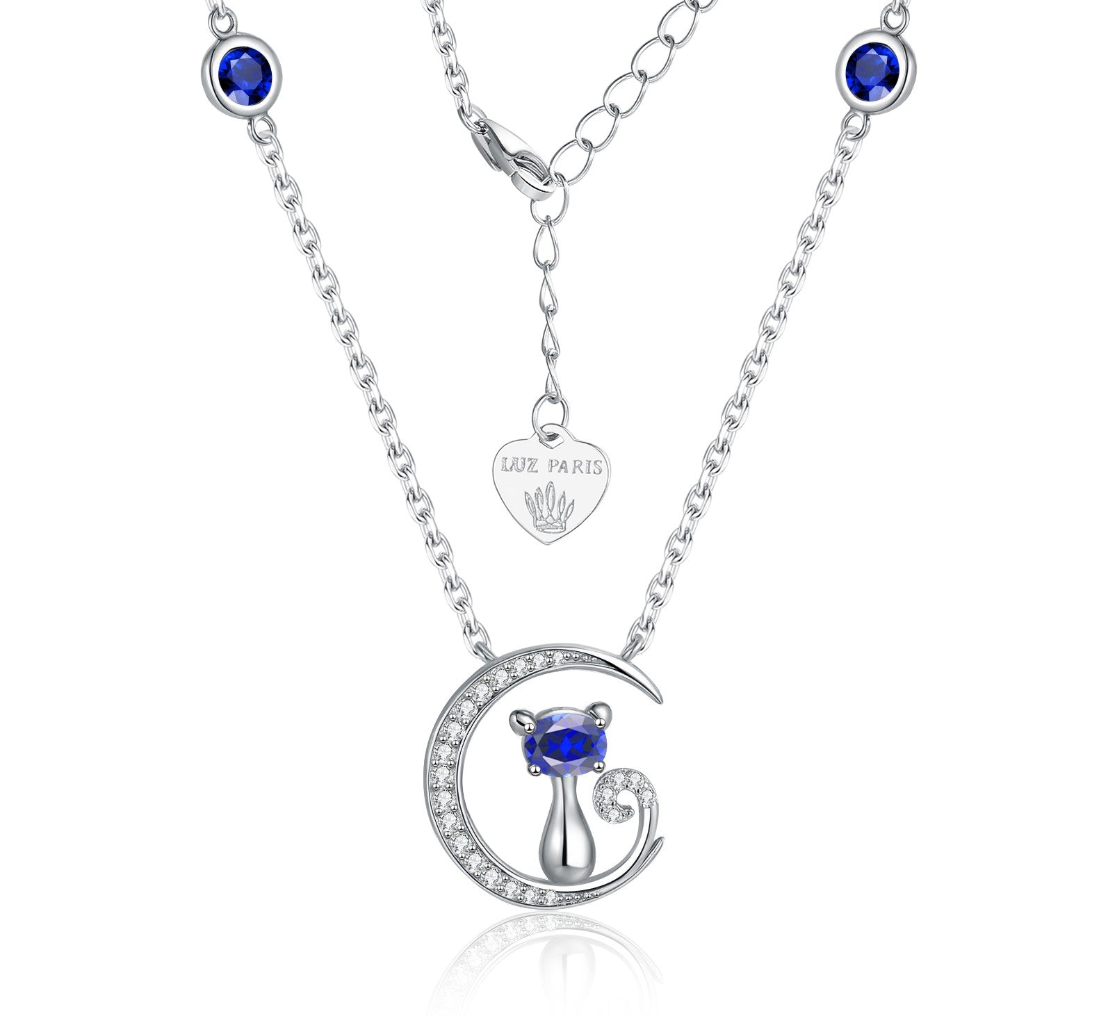 Collar Plata 925mls Gato y Luna con Circonitas Azules y Blancas | Joya Mágica y Brillante
