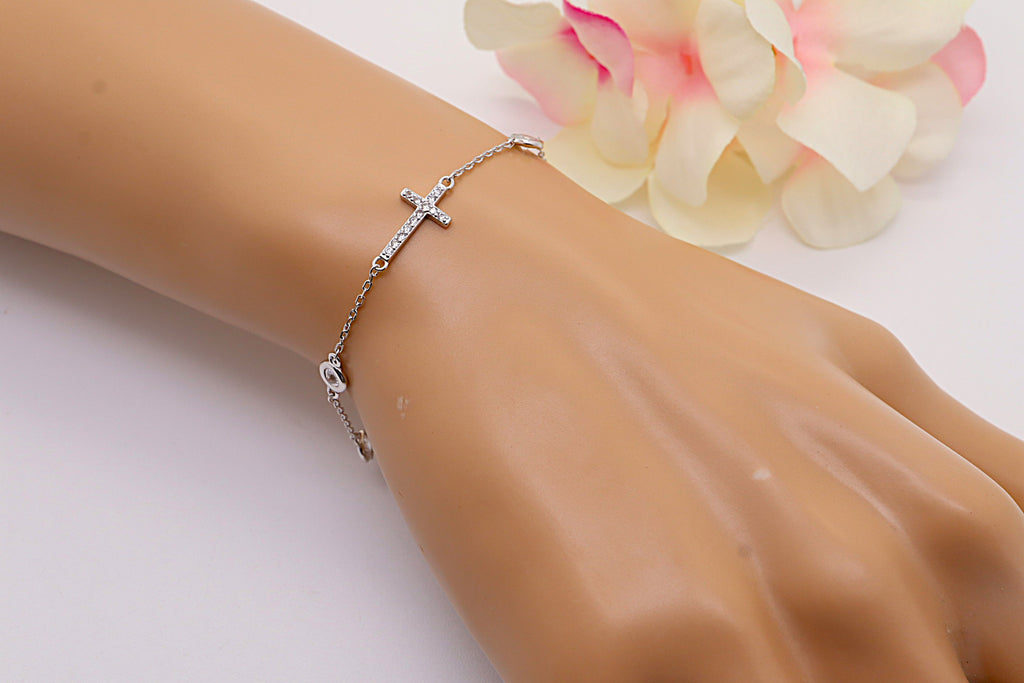 Pulsera Plata 925 Cruz Horizontal con Circonitas Blancas | Joyería de Fe y Estilo | Regalo Mujer | Pulsera Ajustable Hecha a Mano