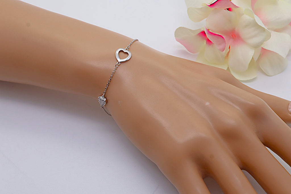 Pulsera Plata 925 Dos Corazones | Circonitas Blancas | Regalo Romántico Mujer | Joyería Fina Hecha a Mano Ajustable