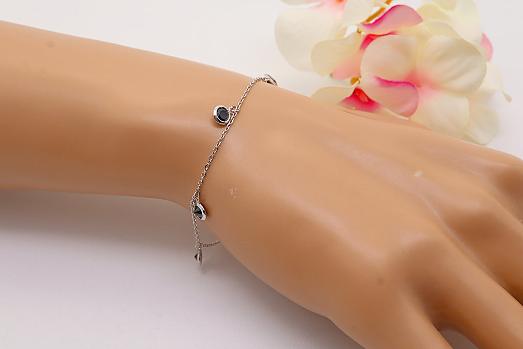 Pulsera Plata 925 con 5 Circonitas Negras Azabache | Joyería Moderna y Elegante | Regalo Mujer | Pulsera Ajustable Hecha a Mano