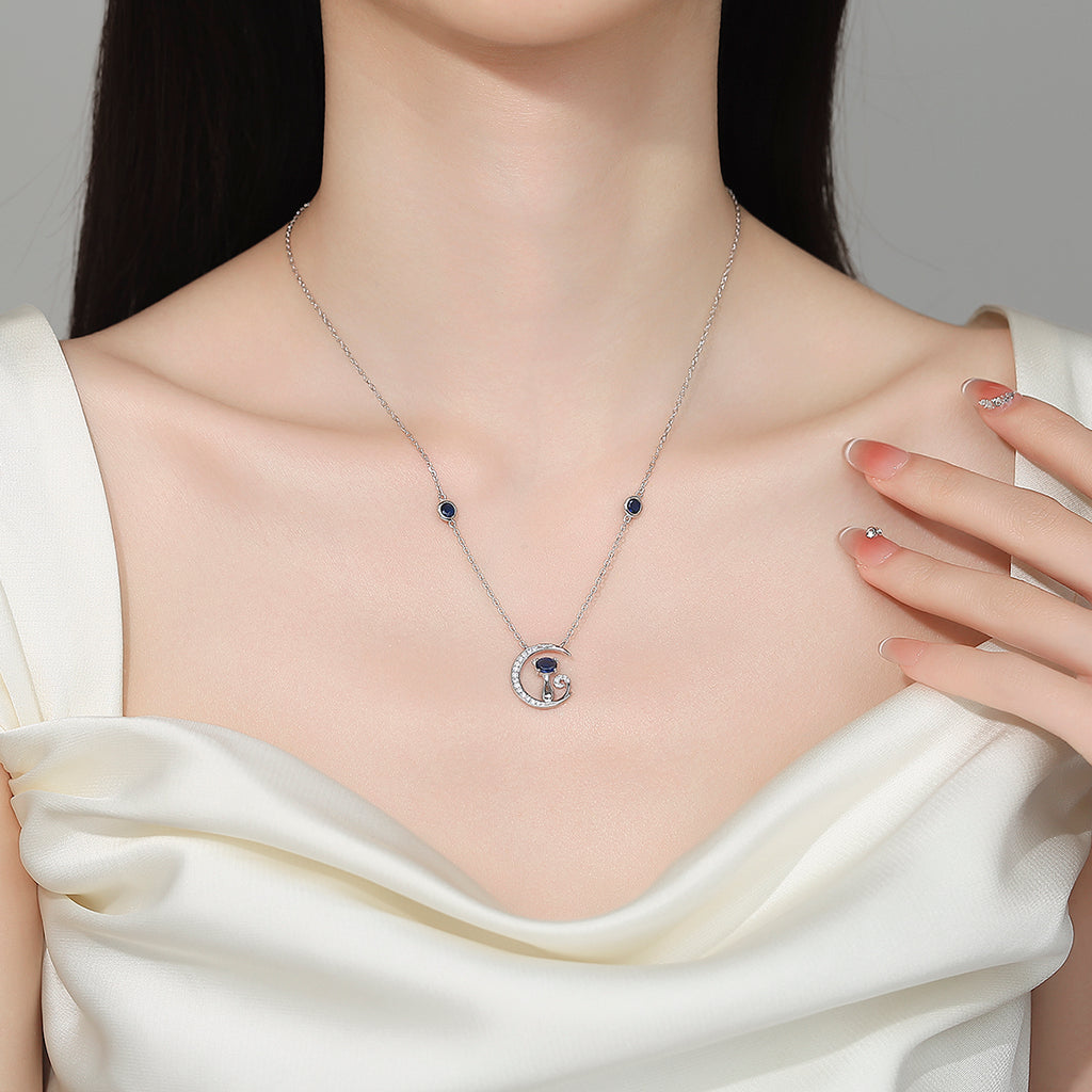 Collar Plata 925mls Gato y Luna con Circonitas Azules y Blancas | Joya Mágica y Brillante
