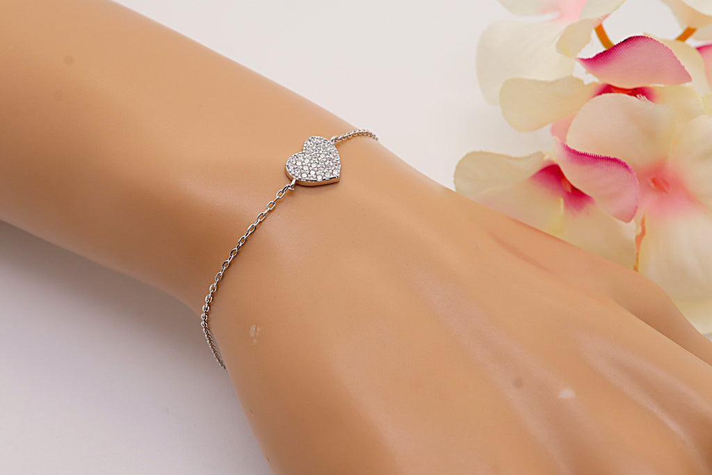 Pulsera Plata 925 Corazón con Circonitas Blancas | Regalo Romántico Mujer | Joyería Fina Hecha a Mano | Pulsera Ajustable