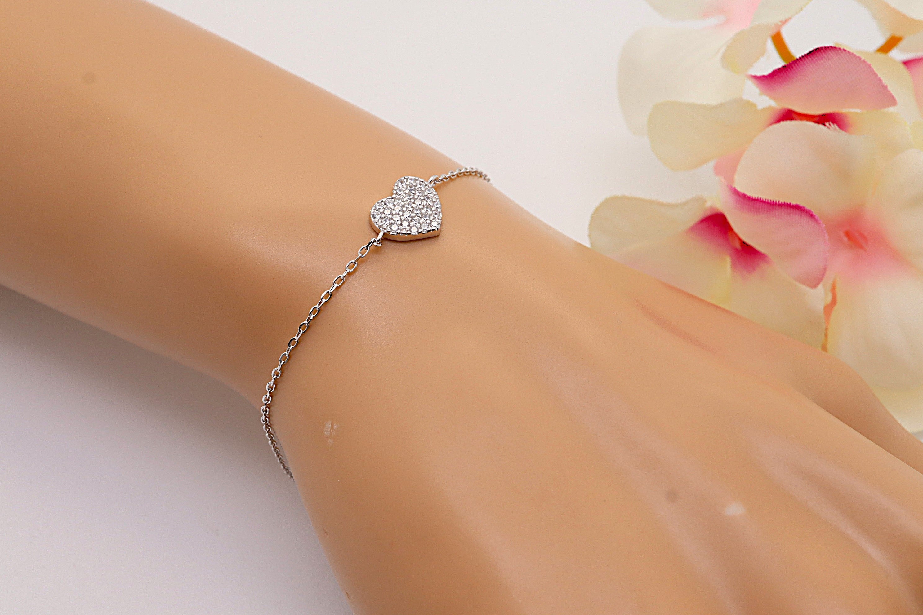 Pulsera Plata 925 Corazón con Circonitas Blancas | Regalo Romántico Mujer | Joyería Fina Hecha a Mano | Pulsera Ajustable