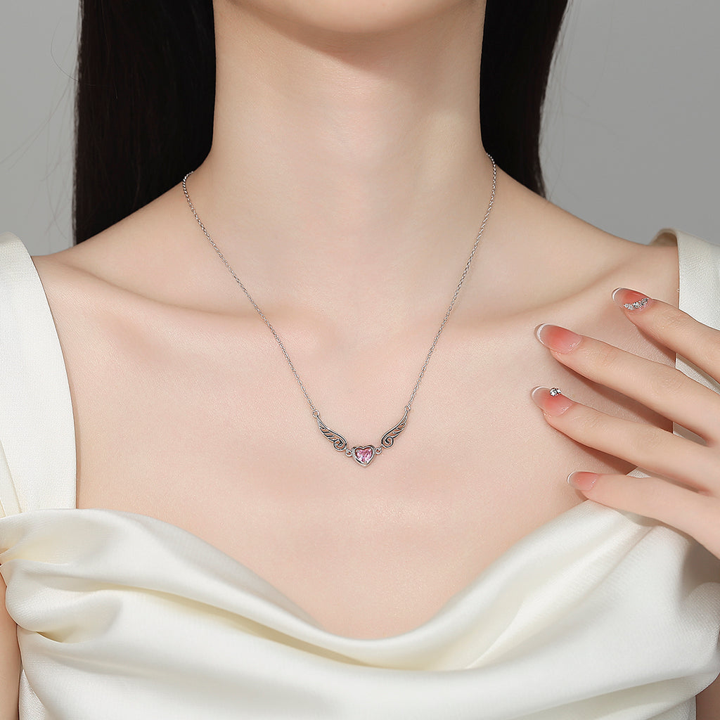 Collar Plata 925mls Corazón con Circonita Rosa y Dos Alas | Elegancia Romántica y Protección
