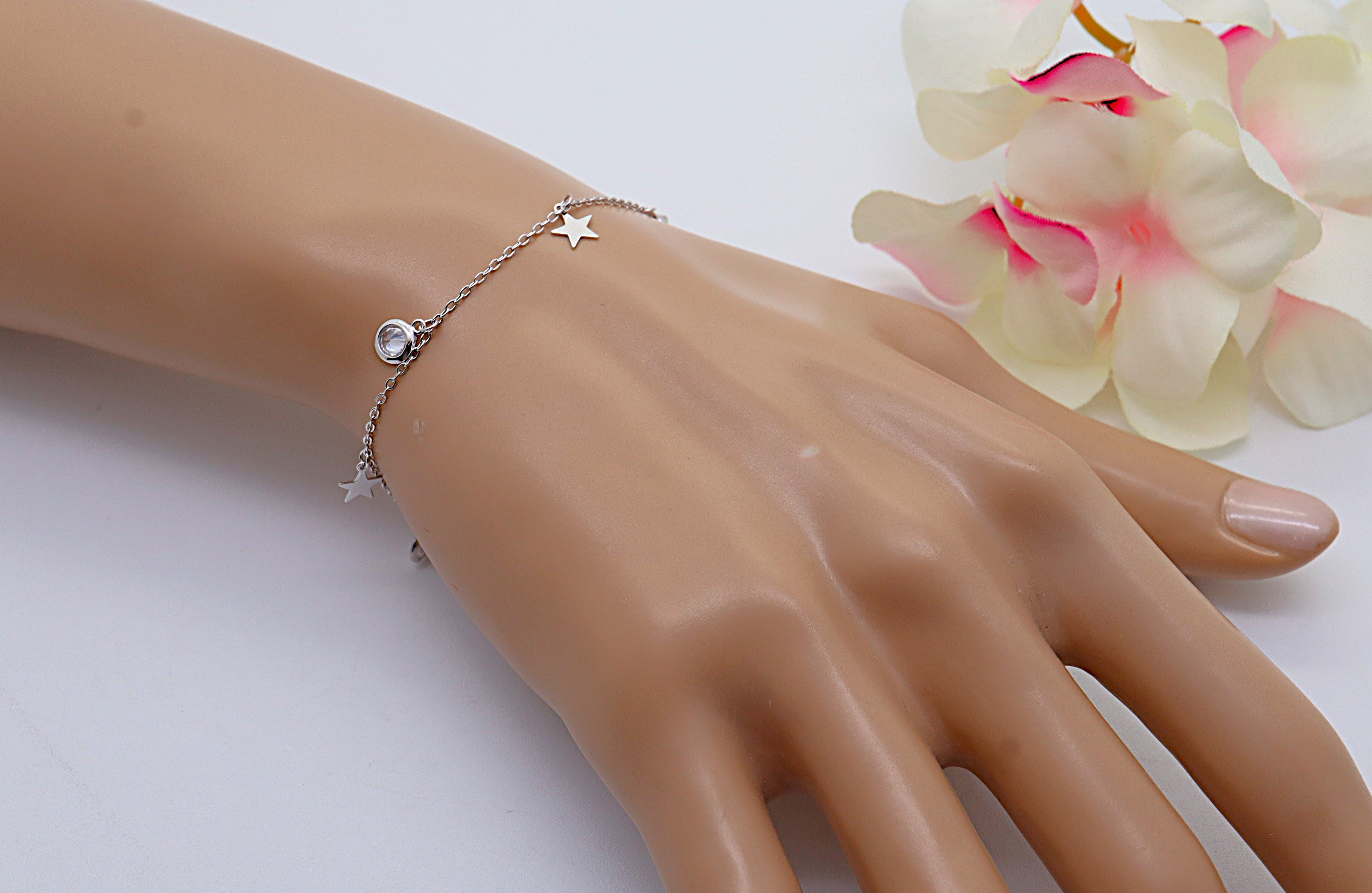 Pulsera Plata 925 Tres Estrellas y Circonitas Blancas | Joyería Fina Mujer | Regalo Elegante | Pulsera Ajustable Hecha a Mano