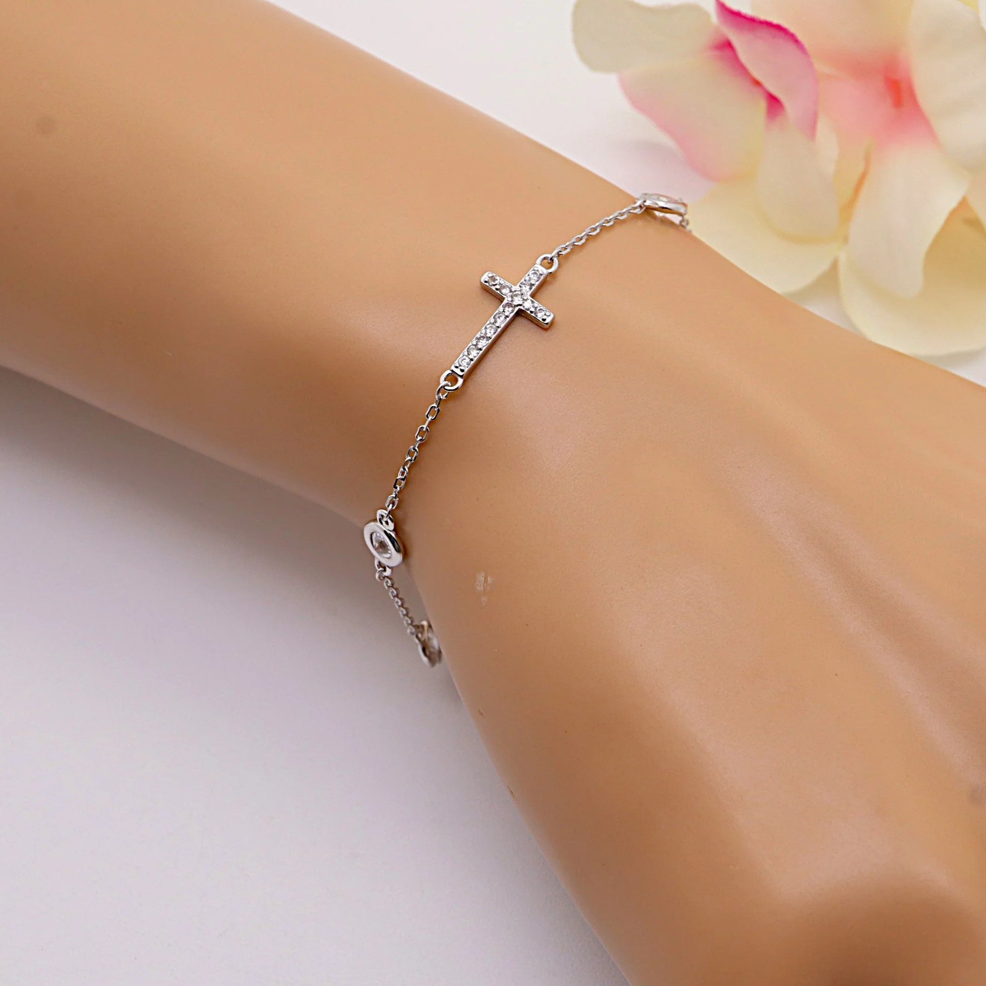 Pulsera Plata 925 Cruz Horizontal con Circonitas Blancas | Joyería de Fe y Estilo | Regalo Mujer | Pulsera Ajustable Hecha a Mano