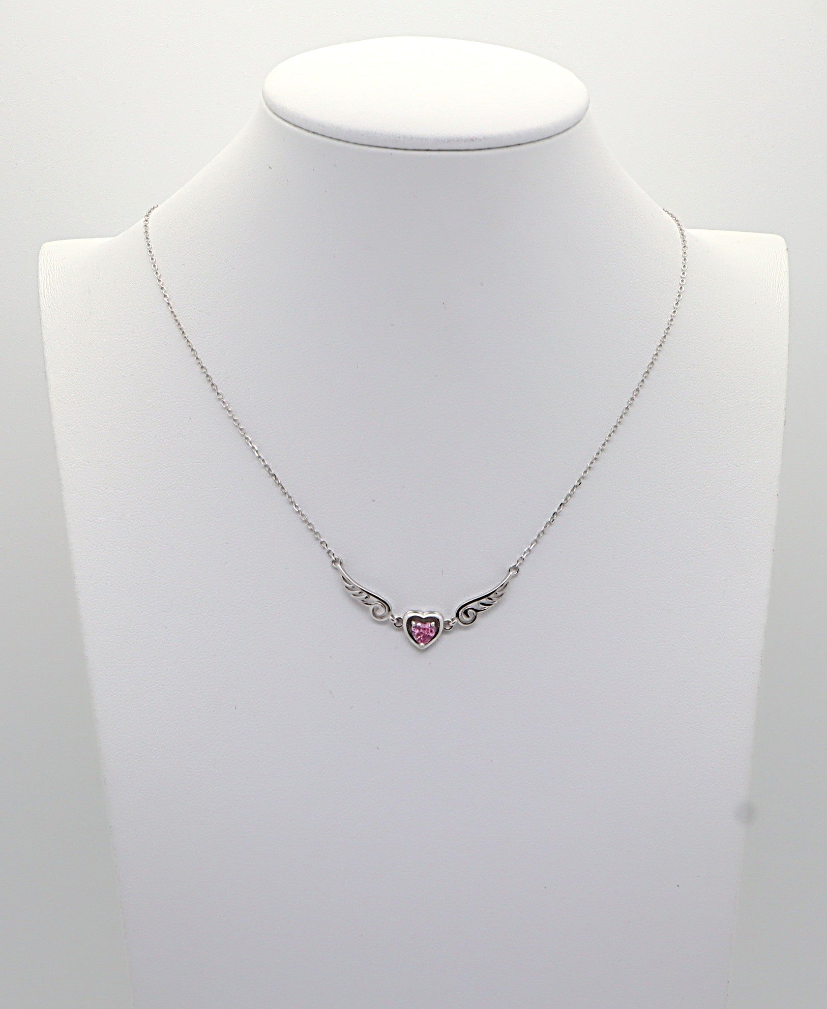 Collar Plata 925mls Corazón con Circonita Rosa y Dos Alas | Elegancia Romántica y Protección