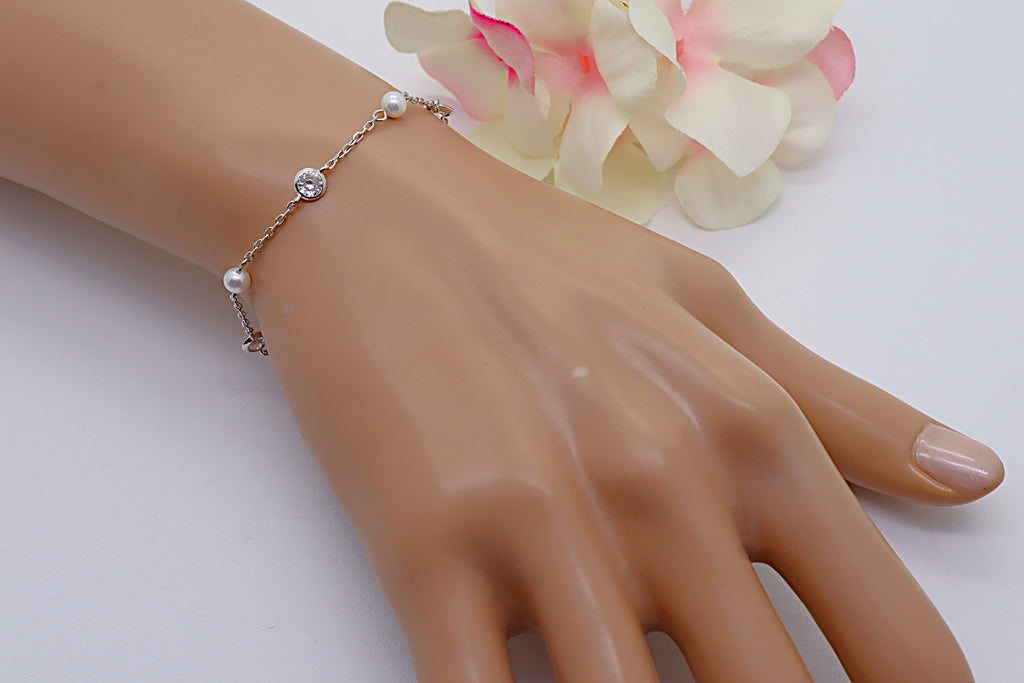 Pulsera Plata 925 con Tres Perlas y Circonitas Blancas | Joyería Elegante Mujer | Regalo Fino | Pulsera Ajustable Hecha a Mano
