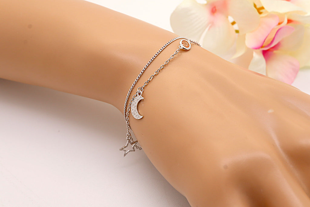 Pulsera Plata 925mls con Circonita Roja, Dos Lunas y Dos Estrellas | Magia, Brillo y Estilo Único