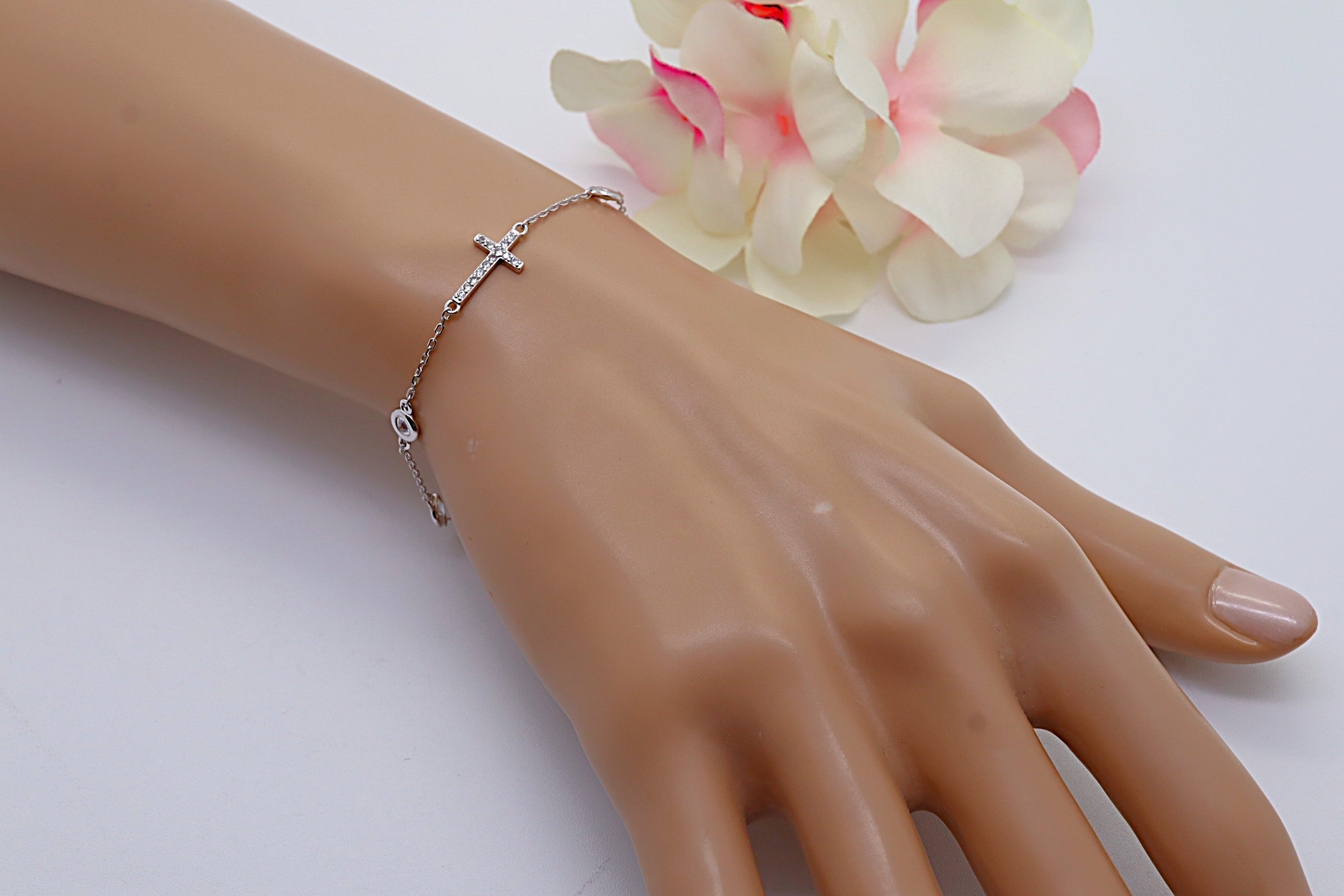 Pulsera Plata 925 Cruz Horizontal con Circonitas Blancas | Joyería de Fe y Estilo | Regalo Mujer | Pulsera Ajustable Hecha a Mano