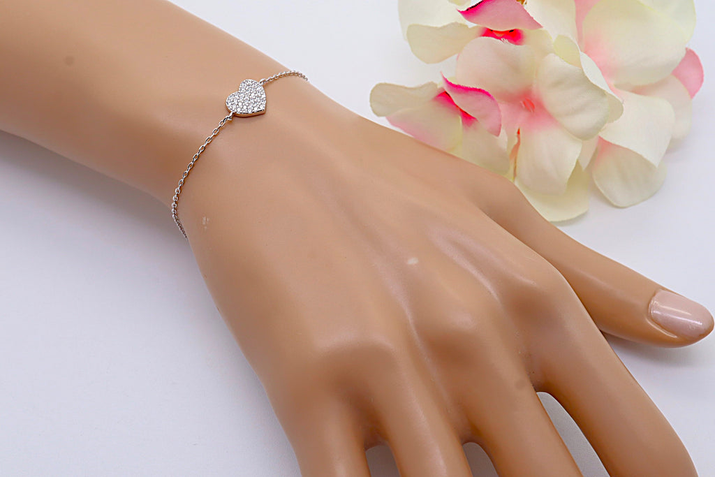 Pulsera Plata 925 Corazón con Circonitas Blancas | Regalo Romántico Mujer | Joyería Fina Hecha a Mano | Pulsera Ajustable