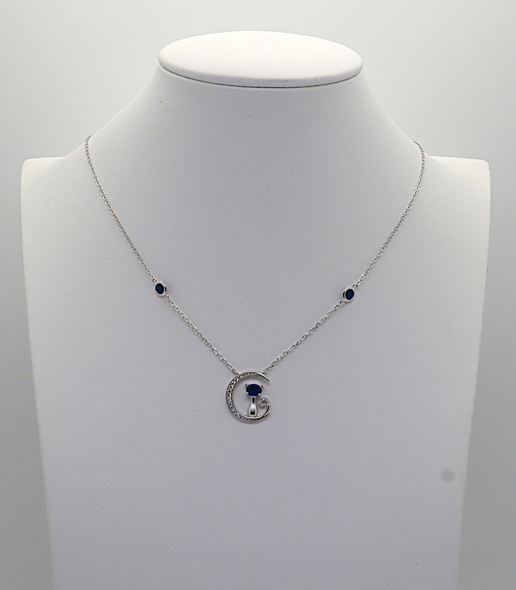 Collar Plata 925mls Gato y Luna con Circonitas Azules y Blancas | Joya Mágica y Brillante
