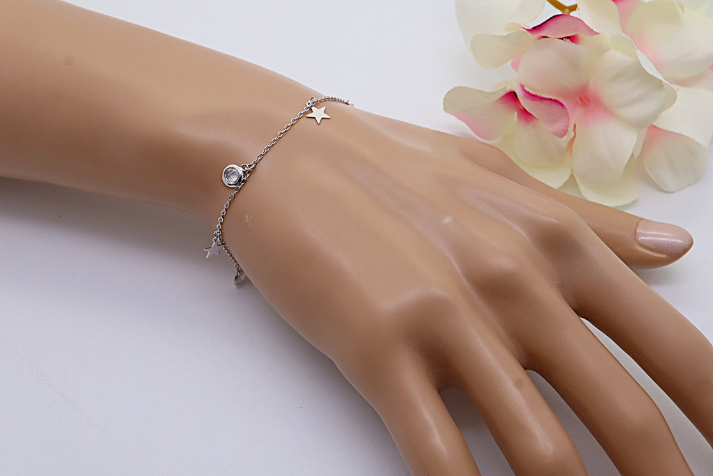 Pulsera Plata 925 Tres Estrellas y Circonitas Blancas | Joyería Fina Mujer | Regalo Elegante | Pulsera Ajustable Hecha a Mano