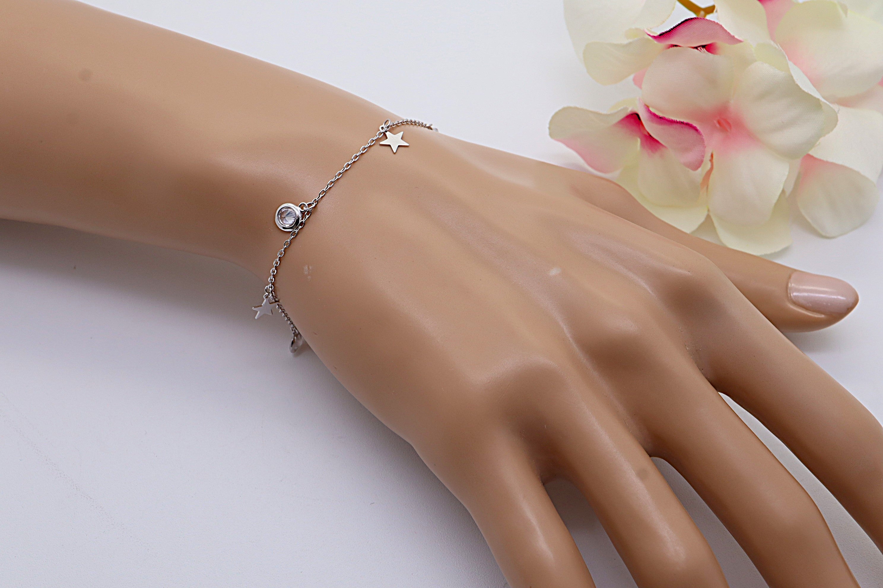 Pulsera Plata 925 Tres Estrellas y Circonitas Blancas | Joyería Fina Mujer | Regalo Elegante | Pulsera Ajustable Hecha a Mano