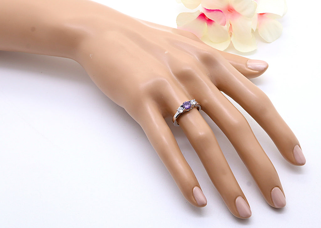 Anillo Plata 925mls 3 Circonitas púrpura y blancas