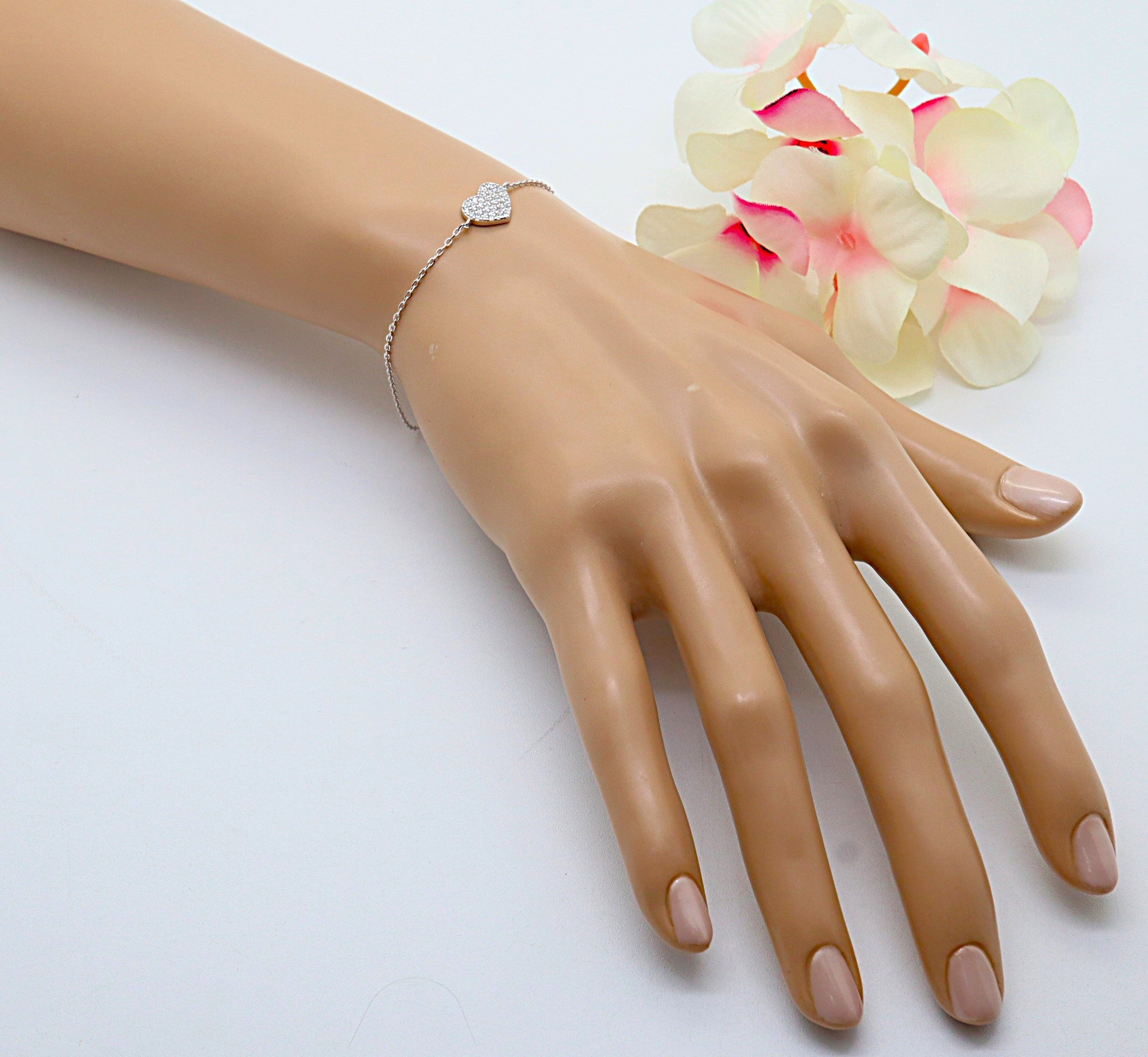 Pulsera Plata 925 Corazón con Circonitas Blancas | Regalo Romántico Mujer | Joyería Fina Hecha a Mano | Pulsera Ajustable