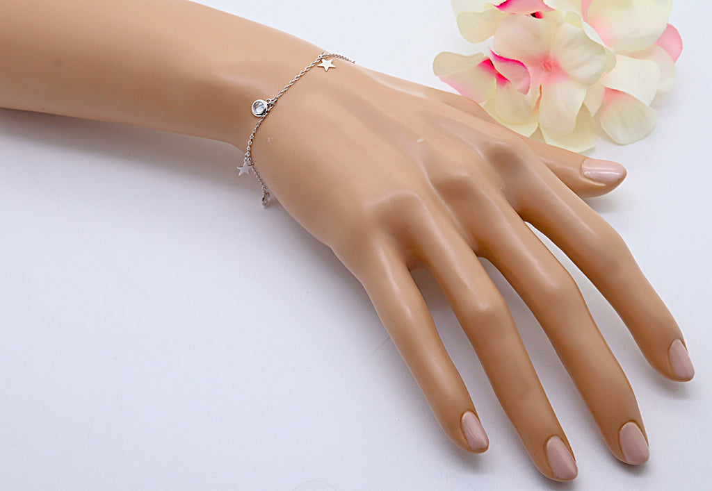 Pulsera Plata 925 Tres Estrellas y Circonitas Blancas | Joyería Fina Mujer | Regalo Elegante | Pulsera Ajustable Hecha a Mano