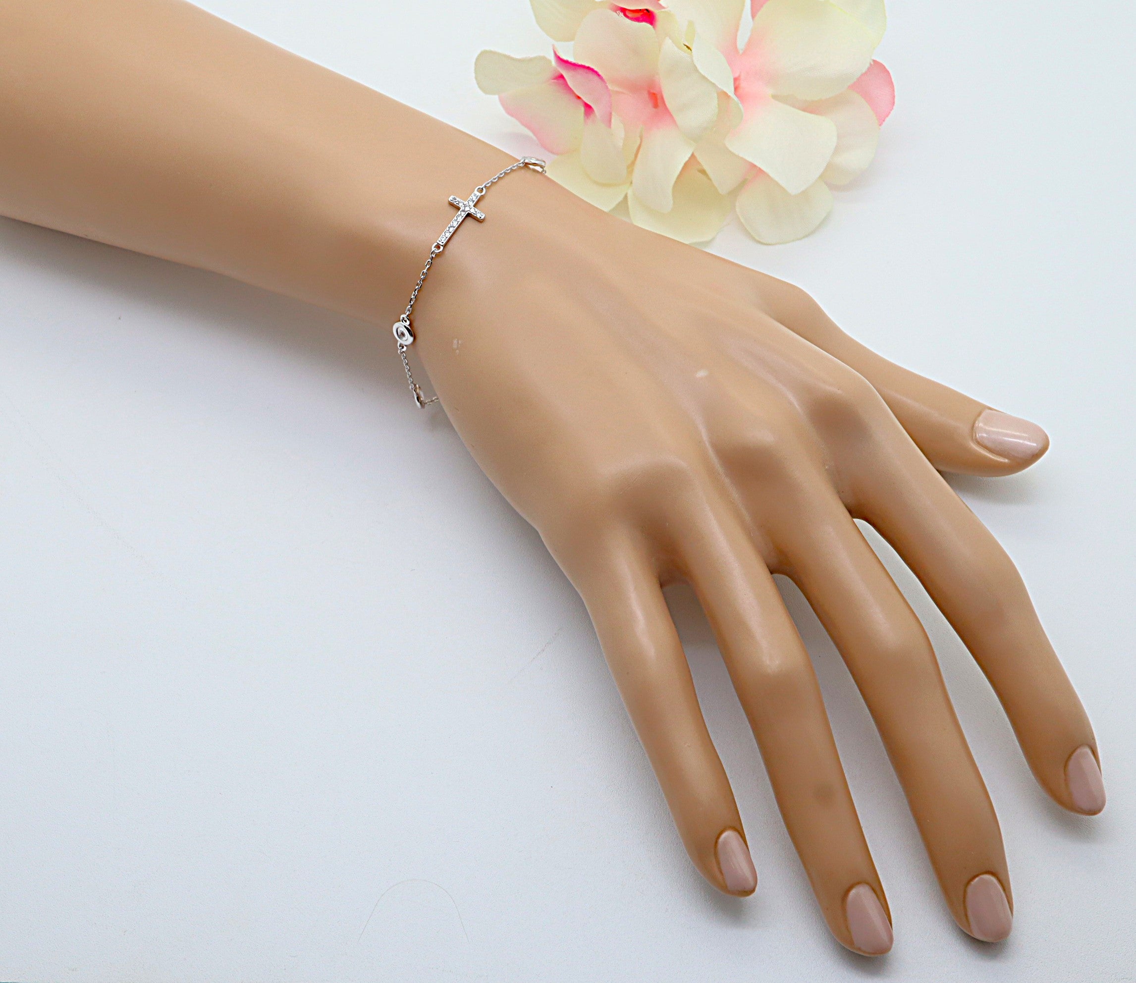 Pulsera Plata 925 Cruz Horizontal con Circonitas Blancas | Joyería de Fe y Estilo | Regalo Mujer | Pulsera Ajustable Hecha a Mano