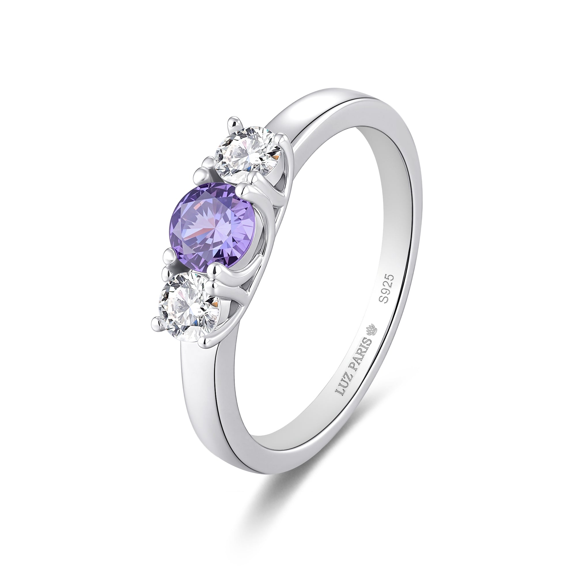 Anillo Plata 925mls 3 Circonitas púrpura y blancas