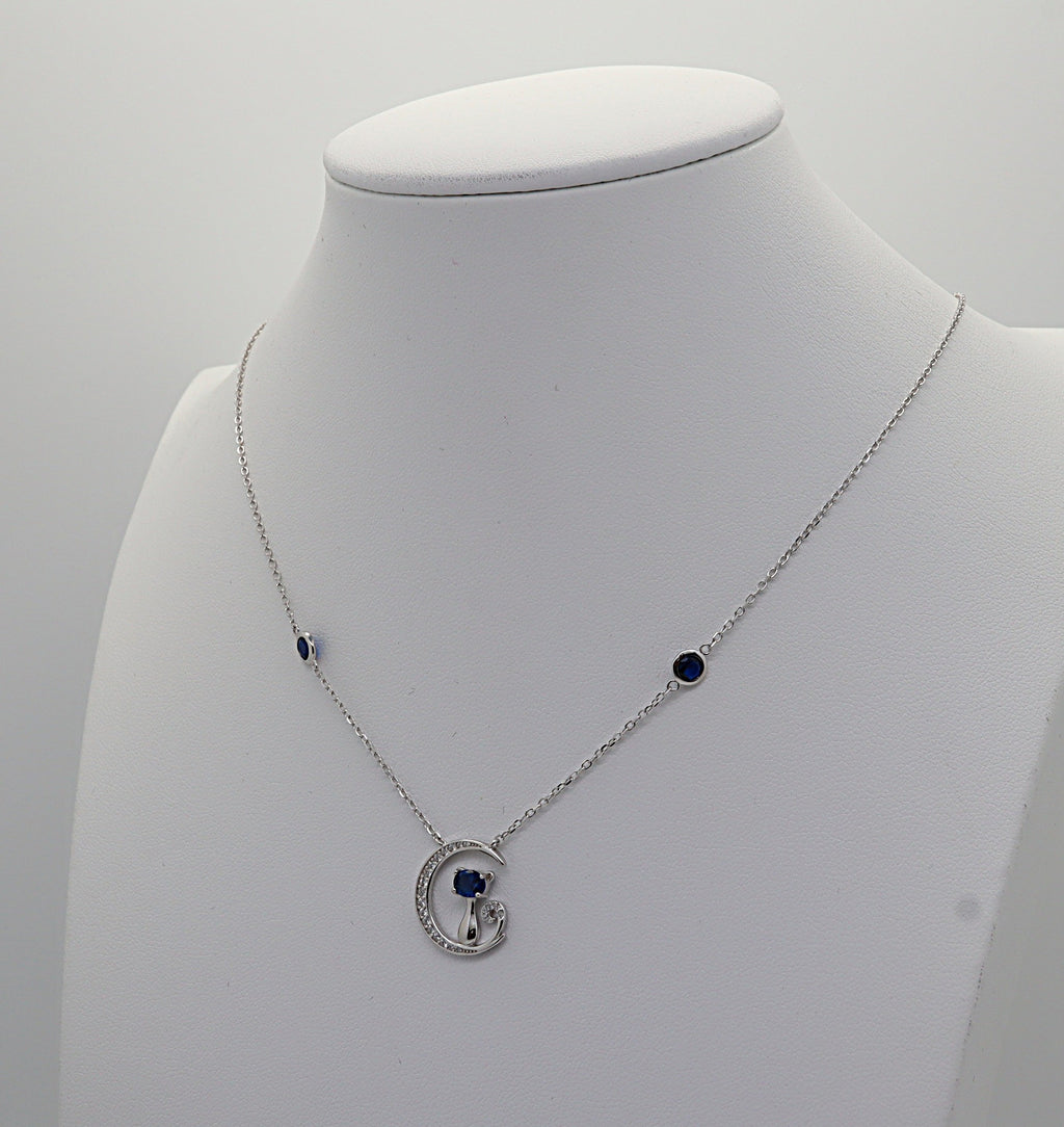 Collar Plata 925mls Gato y Luna con Circonitas Azules y Blancas | Joya Mágica y Brillante