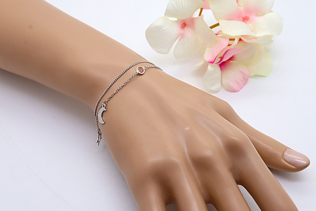 Pulsera Plata 925mls con Circonita Roja, Dos Lunas y Dos Estrellas | Magia, Brillo y Estilo Único