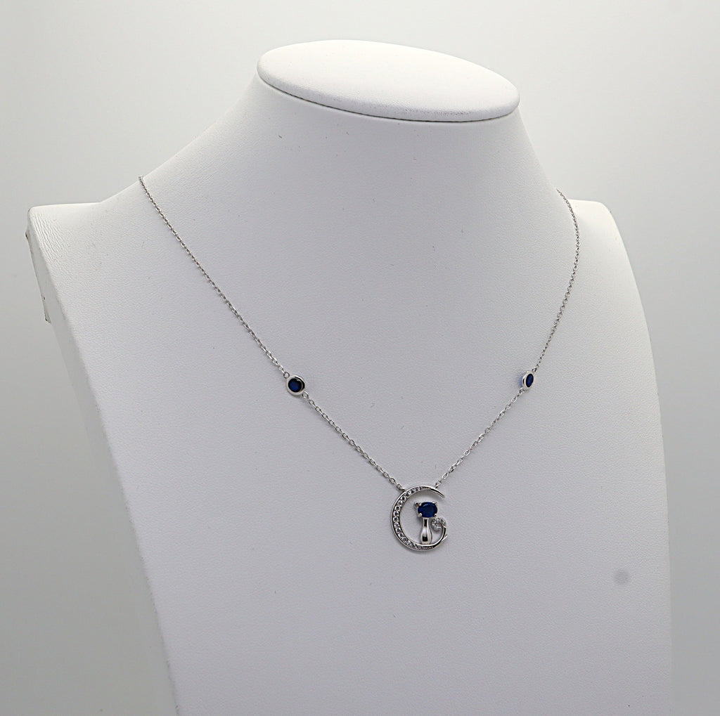 Collar Plata 925mls Gato y Luna con Circonitas Azules y Blancas | Joya Mágica y Brillante
