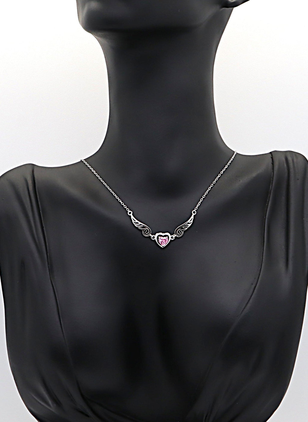 Collar Plata 925mls Corazón con Circonita Rosa y Dos Alas | Elegancia Romántica y Protección