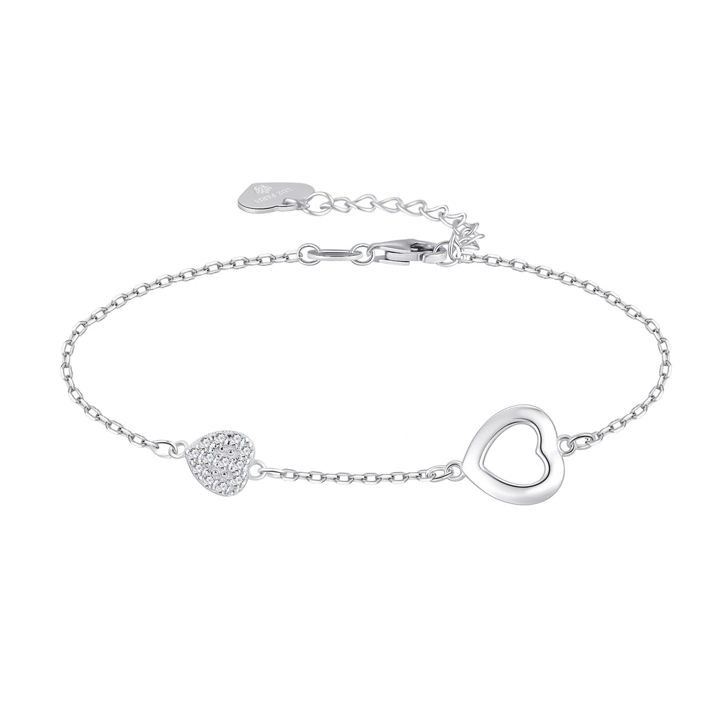 Pulsera Plata 925 Dos Corazones | Circonitas Blancas | Regalo Romántico Mujer | Joyería Fina Hecha a Mano Ajustable