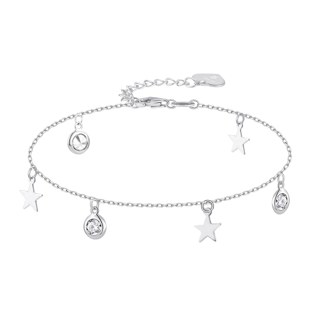 Pulsera Plata 925 Tres Estrellas y Circonitas Blancas | Joyería Fina Mujer | Regalo Elegante | Pulsera Ajustable Hecha a Mano