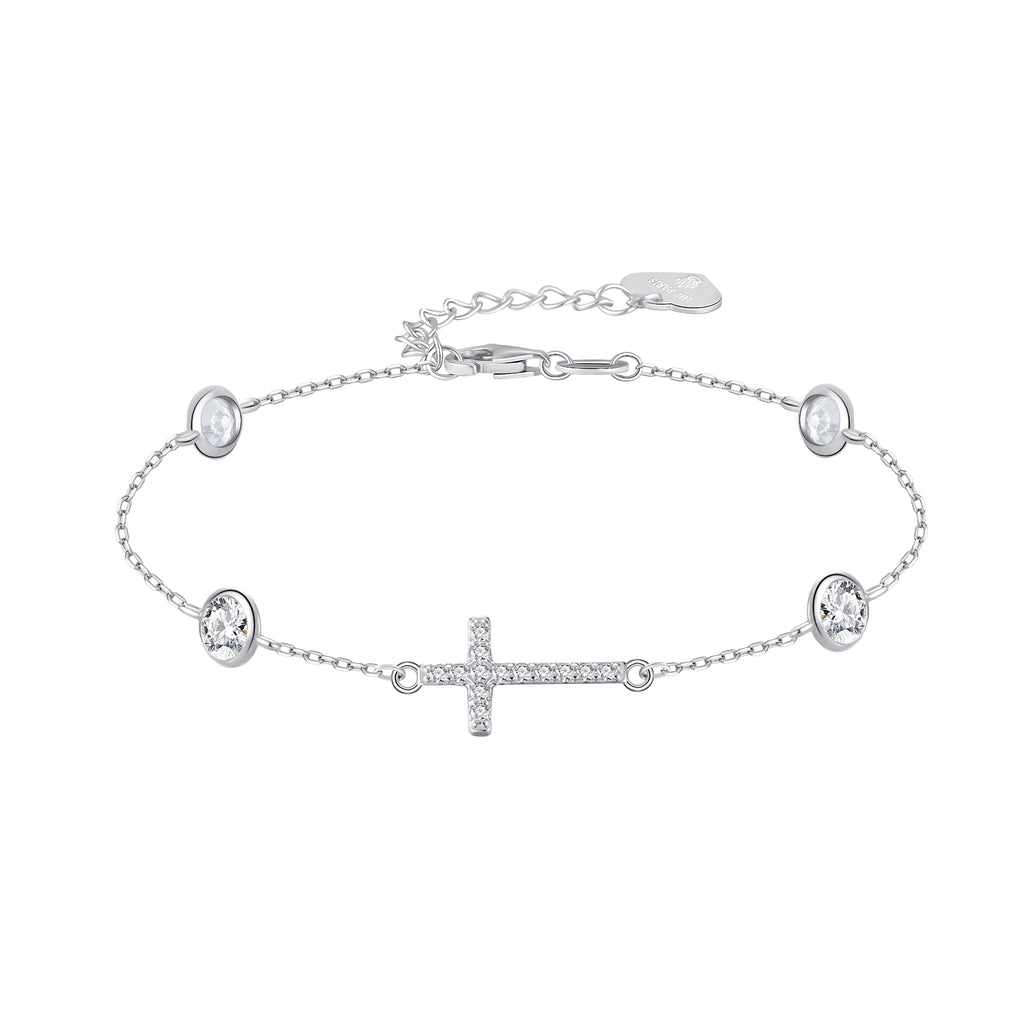 Pulsera Plata 925 Cruz Horizontal con Circonitas Blancas | Joyería de Fe y Estilo | Regalo Mujer | Pulsera Ajustable Hecha a Mano