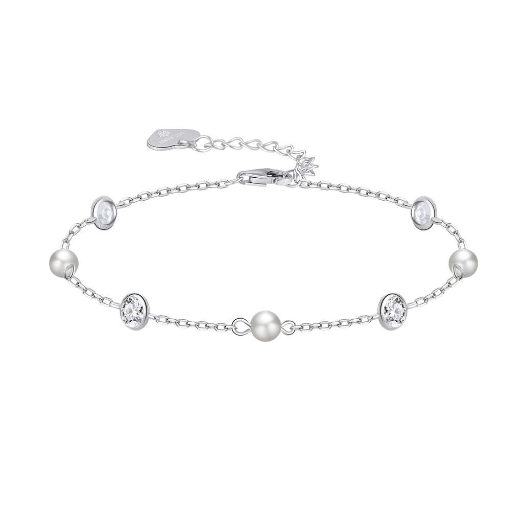 Pulsera Plata 925 con Tres Perlas y Circonitas Blancas | Joyería Elegante Mujer | Regalo Fino | Pulsera Ajustable Hecha a Mano