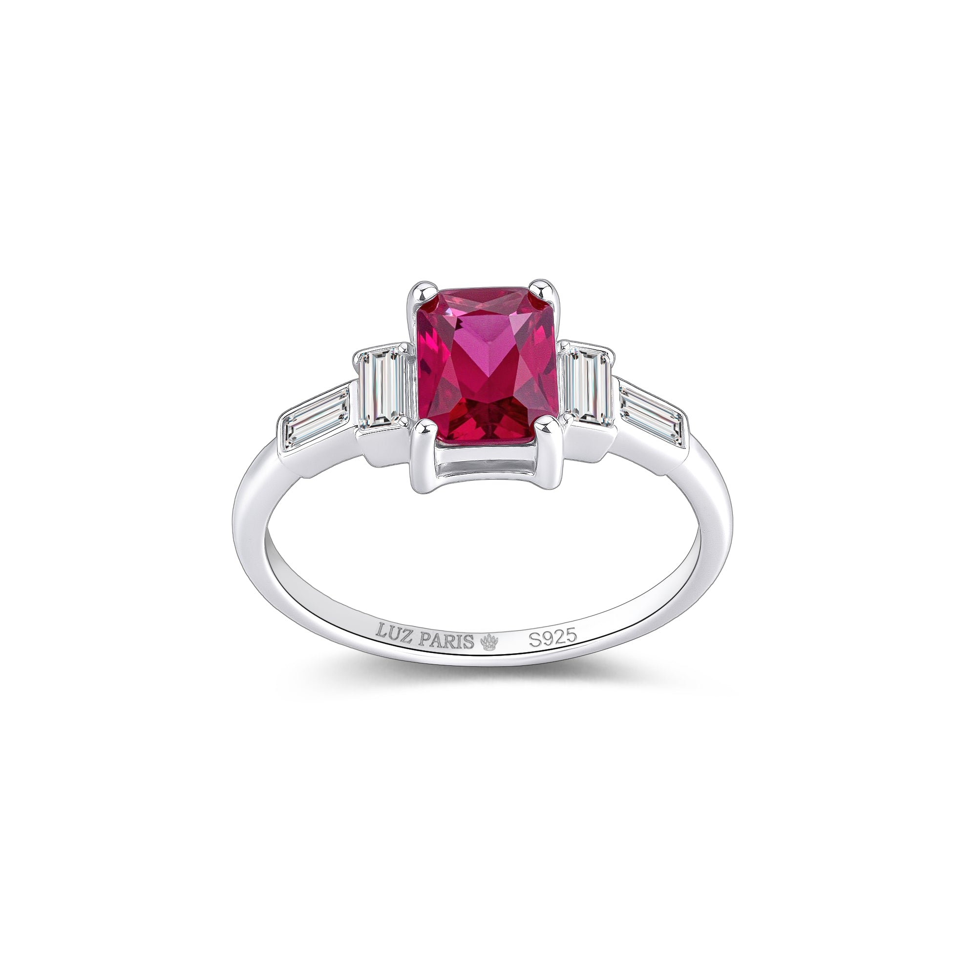 Anillo Plata 925 con Circonita Roja Rubí y 4 Circonitas Blancas | Corte Princesa | Disponible en 6 Tallas | Regalo Elegante para Mujer