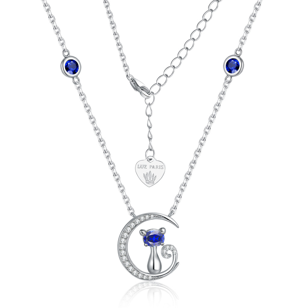 Collar Plata 925mls Gato y Luna con Circonitas Azules y Blancas | Joya Mágica y Brillante