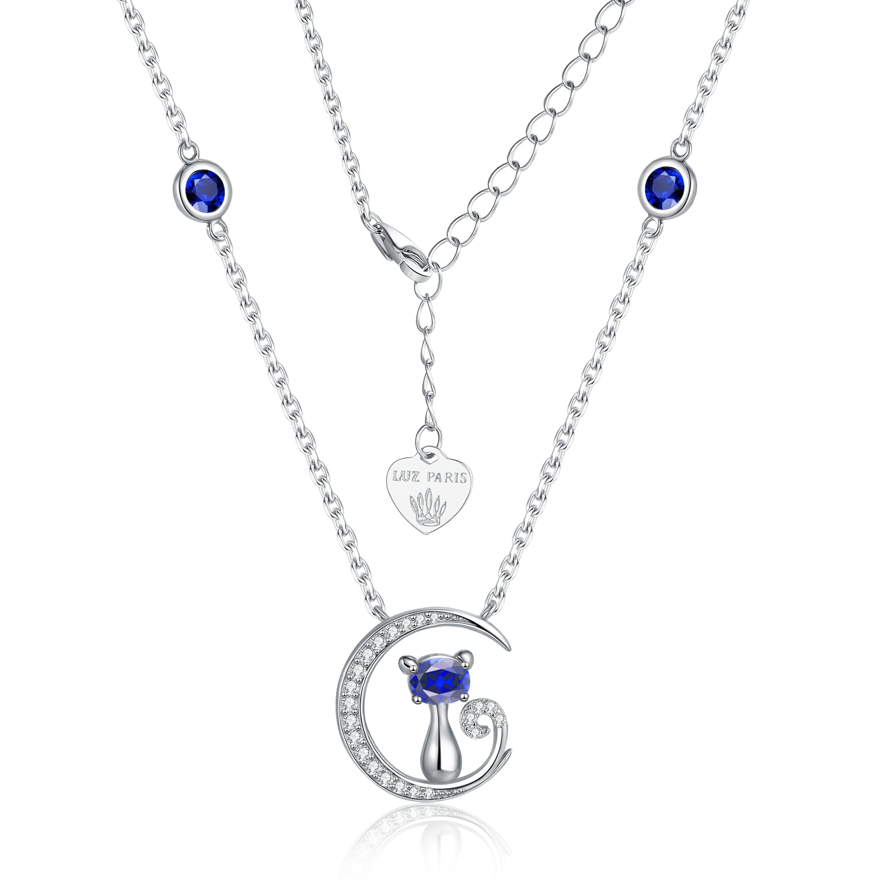Collar Plata 925mls Gato y Luna con Circonitas Azules y Blancas | Joya Mágica y Brillante