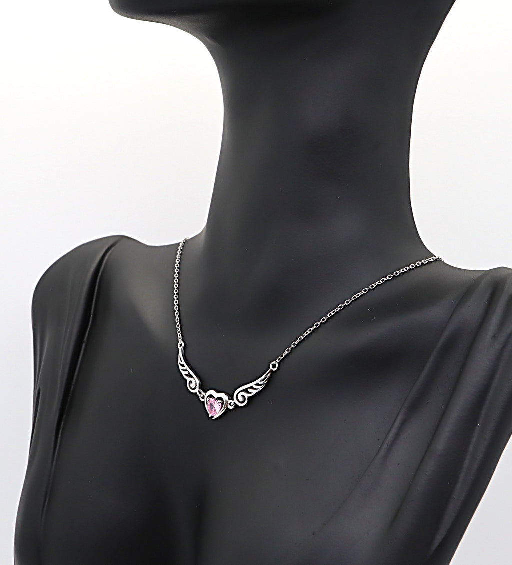 Collar Plata 925mls Corazón con Circonita Rosa y Dos Alas | Elegancia Romántica y Protección